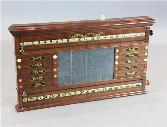 A Burroughes & Watts mahogany snooker and billiards scoreboard, width 39in. height 22in.